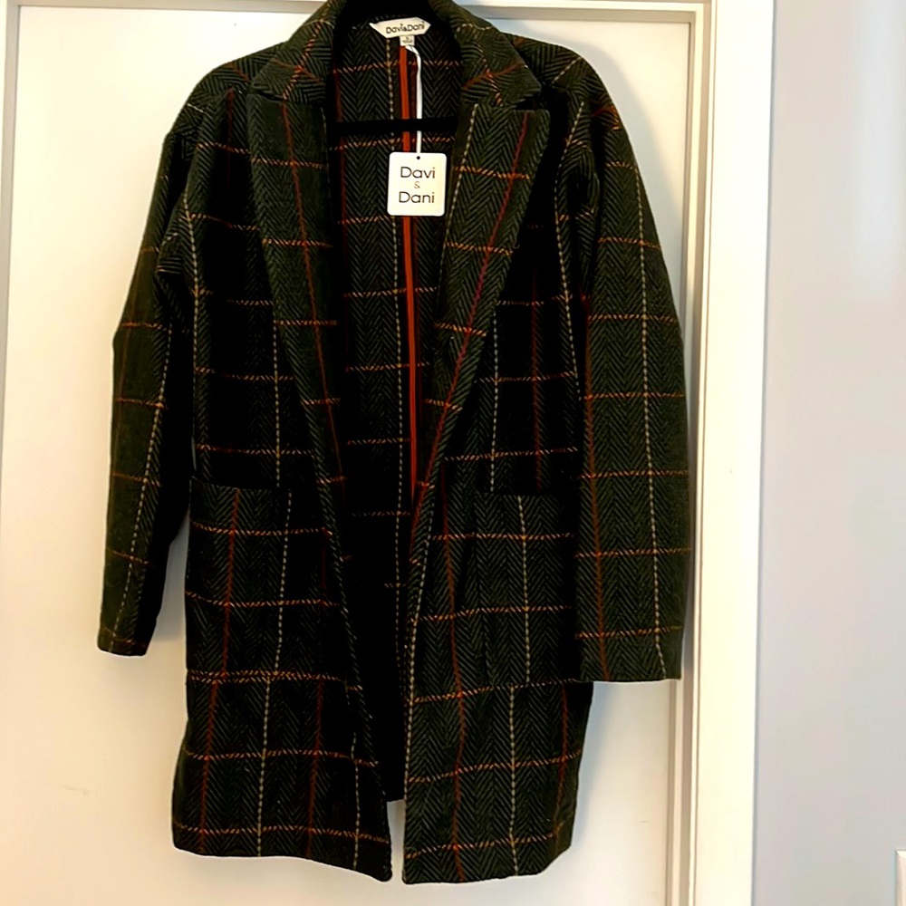 Davi & Dani Women's Green Plaid Long Coat